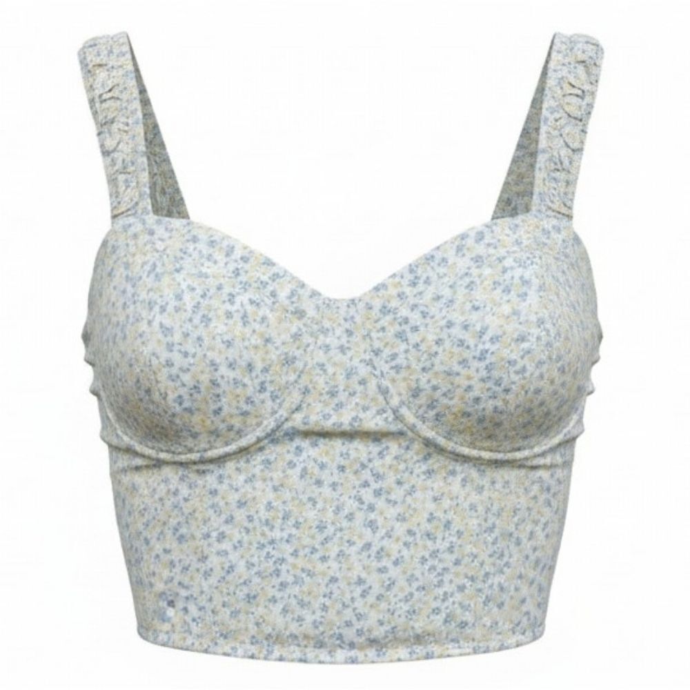 Floral Longline Bustier Top - Light Blue & Pale Yellow